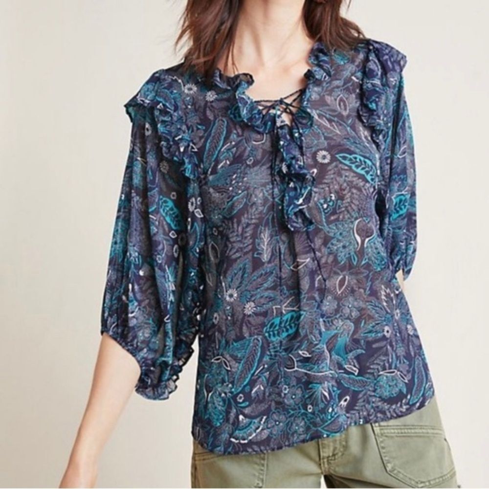 Anthropologie Haida Floral Peasant Top floral sheer blouse size XS